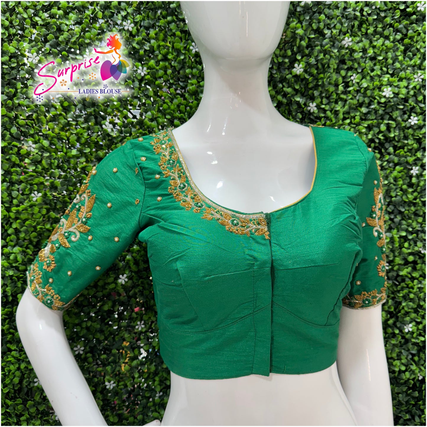 Designer handwork Ari work blouse Green color