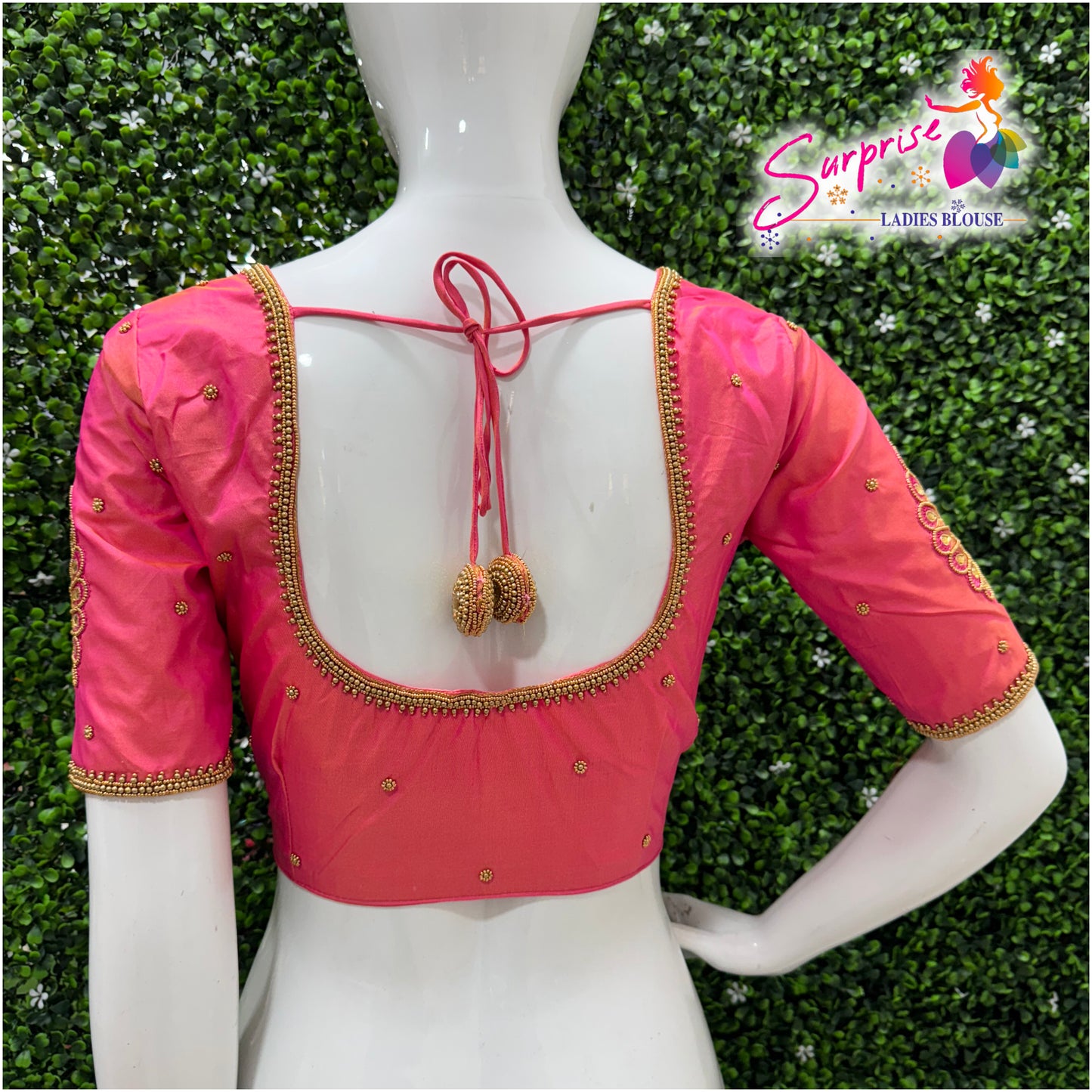 Designer handwork Ari work blouse Pink color