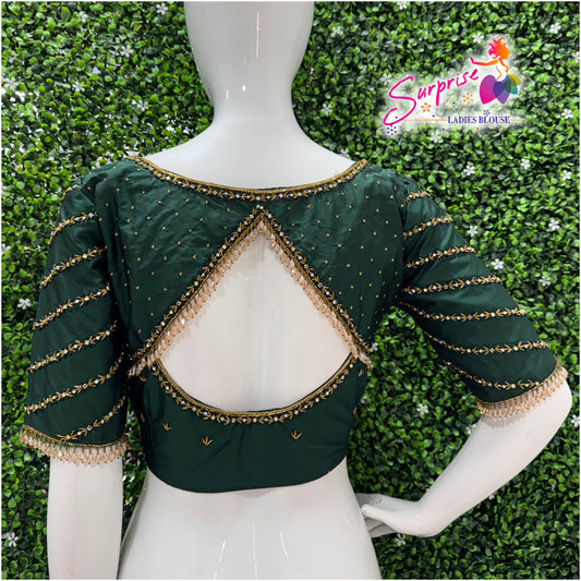 Designer handwork Ari work blouse Green color