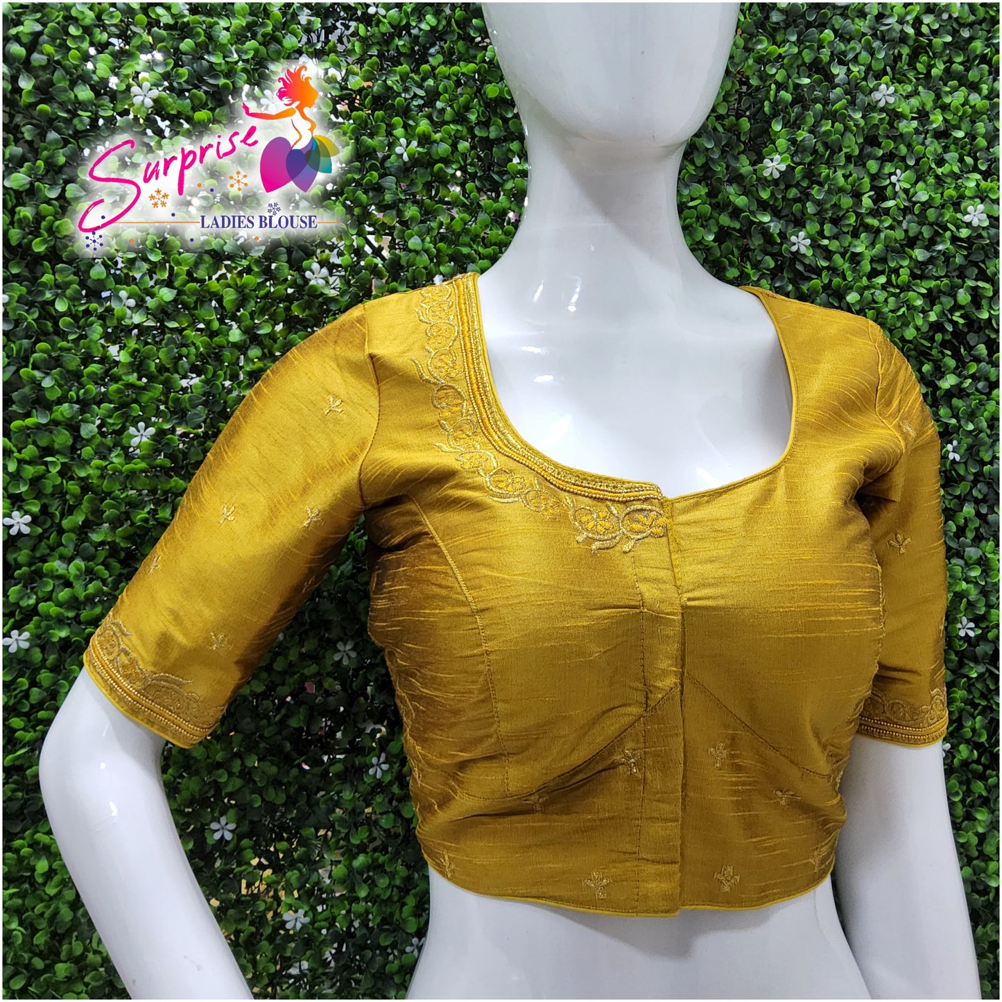 Machine work readymade blouse gold color