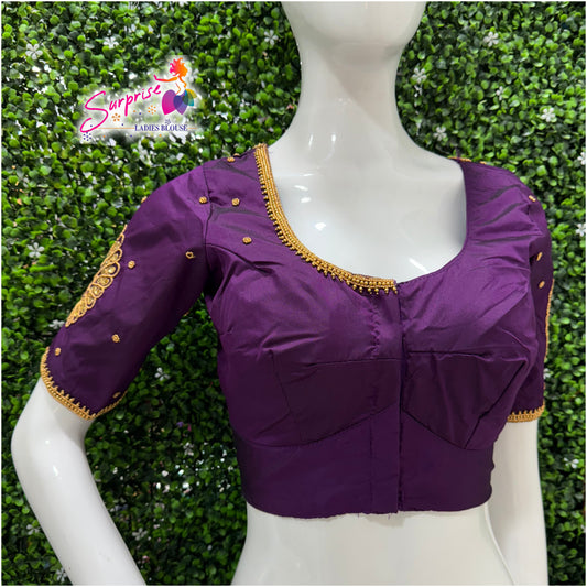 Designer handwork Ari work blouse purple color