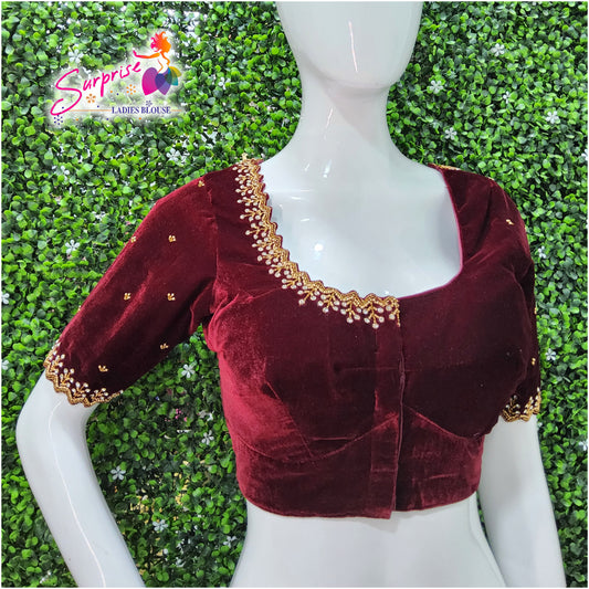Velvet handwork designer Readymade blouse maroon color