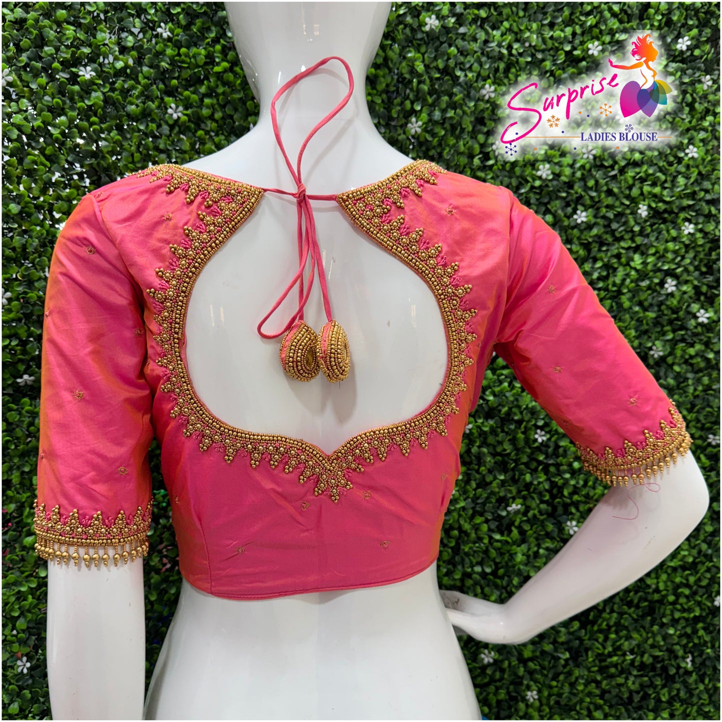 Designer handwork Ari work blouse Pink color