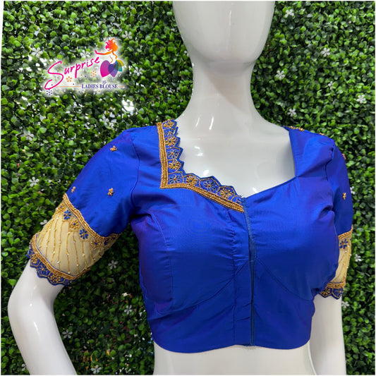 Designer handwork Ari work blouse blue color