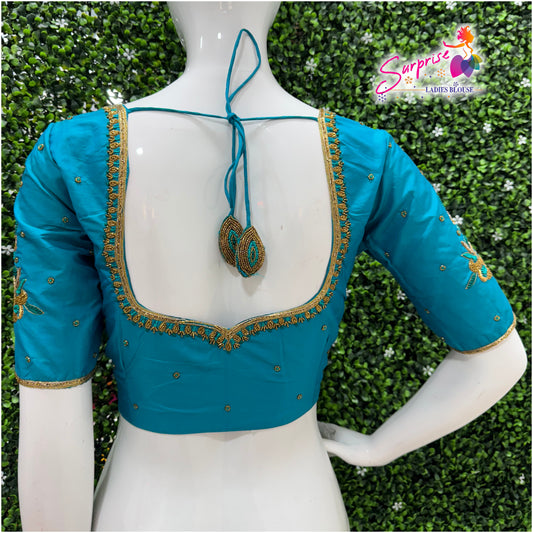 Designer handwork Ari work blouse Blue color