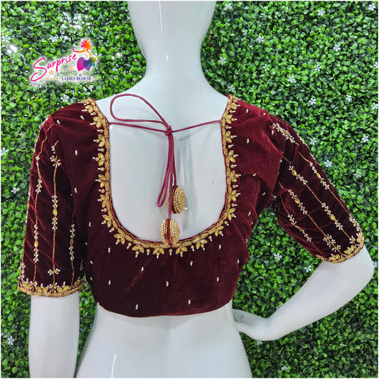 Velvet handwork designer Readymade blouse maroon color