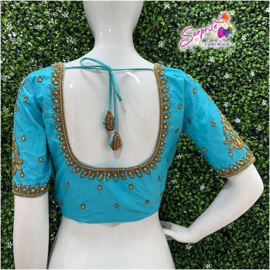 Designer handwork Ari work blouse Blue color