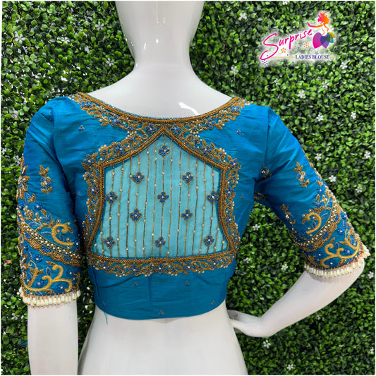 Designer handwork Ari work blouse Blue color