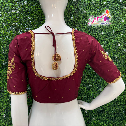Designer handwork Ari work blouse maroon color