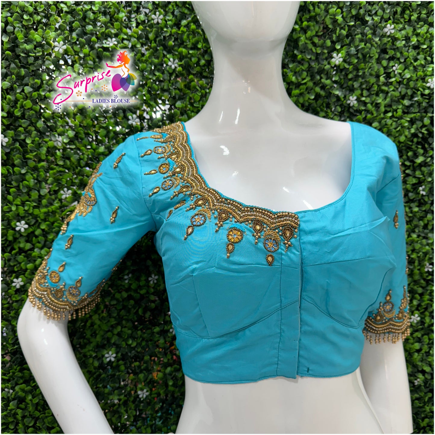 Designer handwork Ari work blouse Blue color