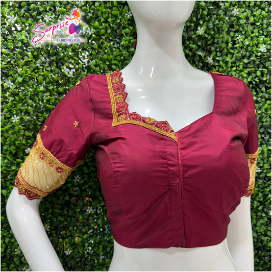 Designer handwork Ari work blouse maroon color