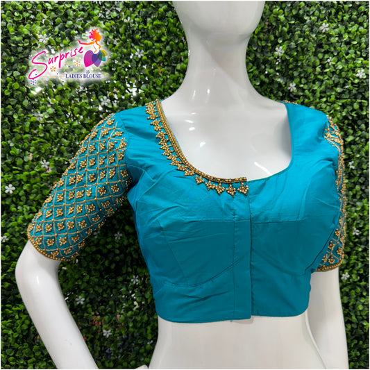 Designer handwork Ari work blouse Blue color