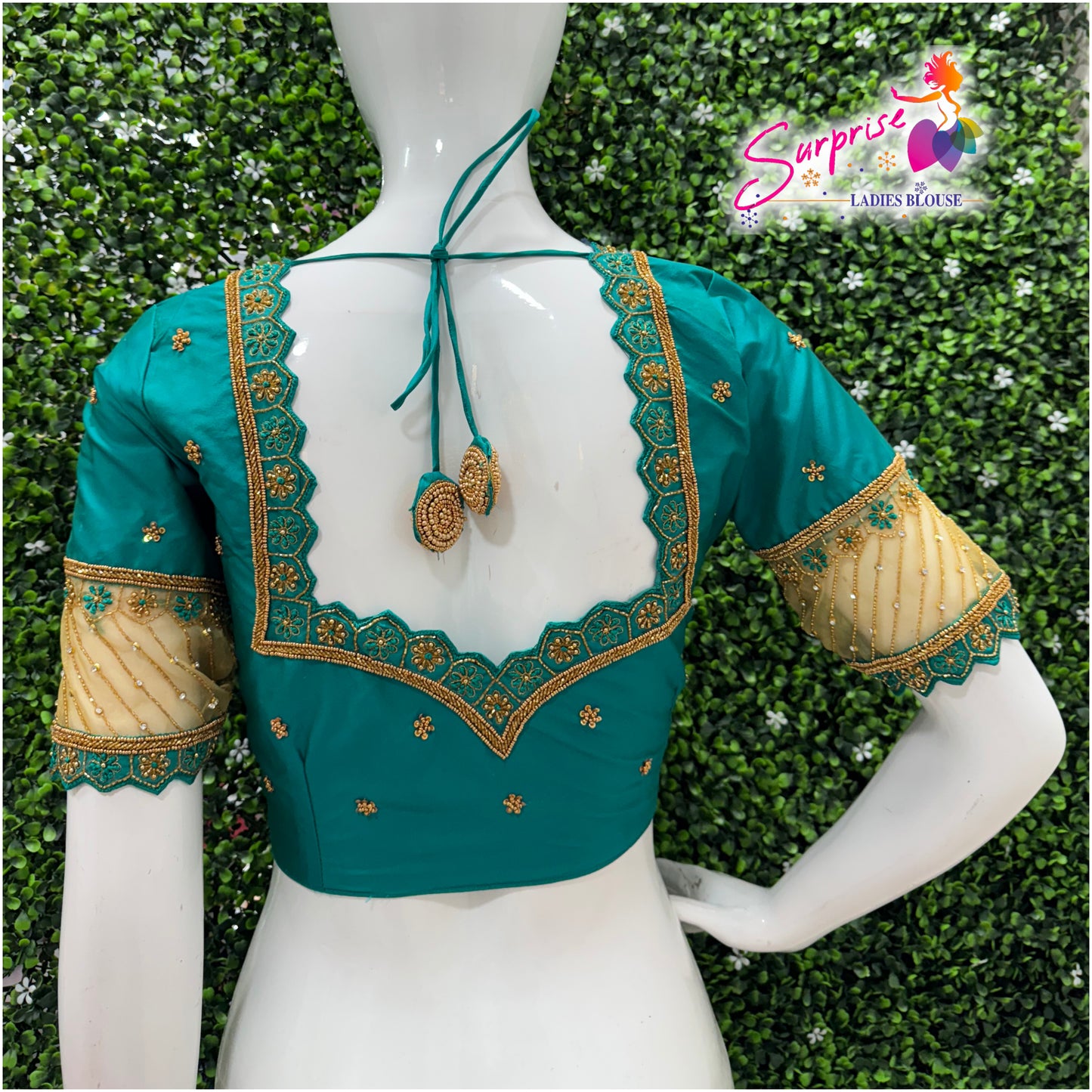 Designer handwork Ari work blouse green color