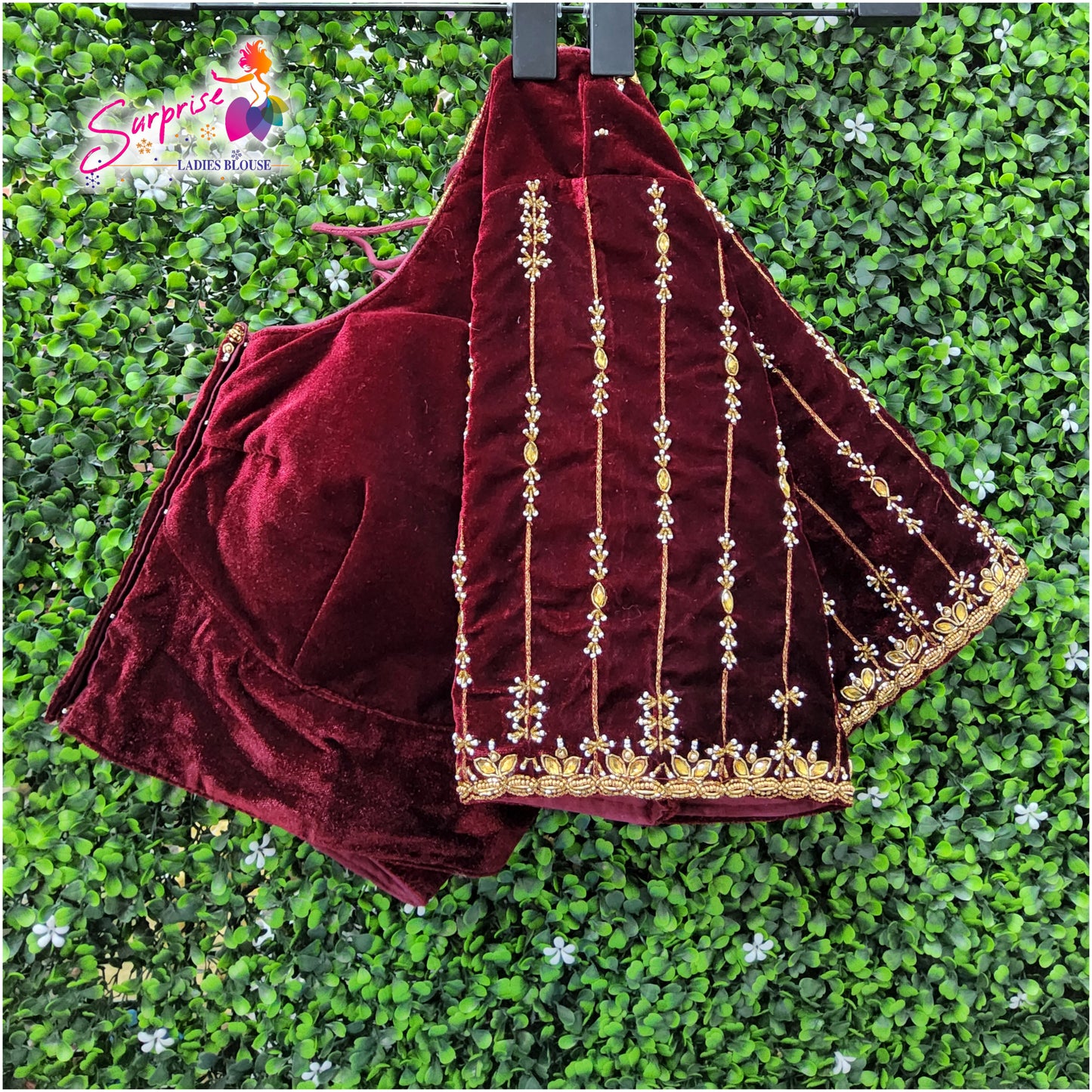 Velvet handwork designer Readymade blouse maroon color