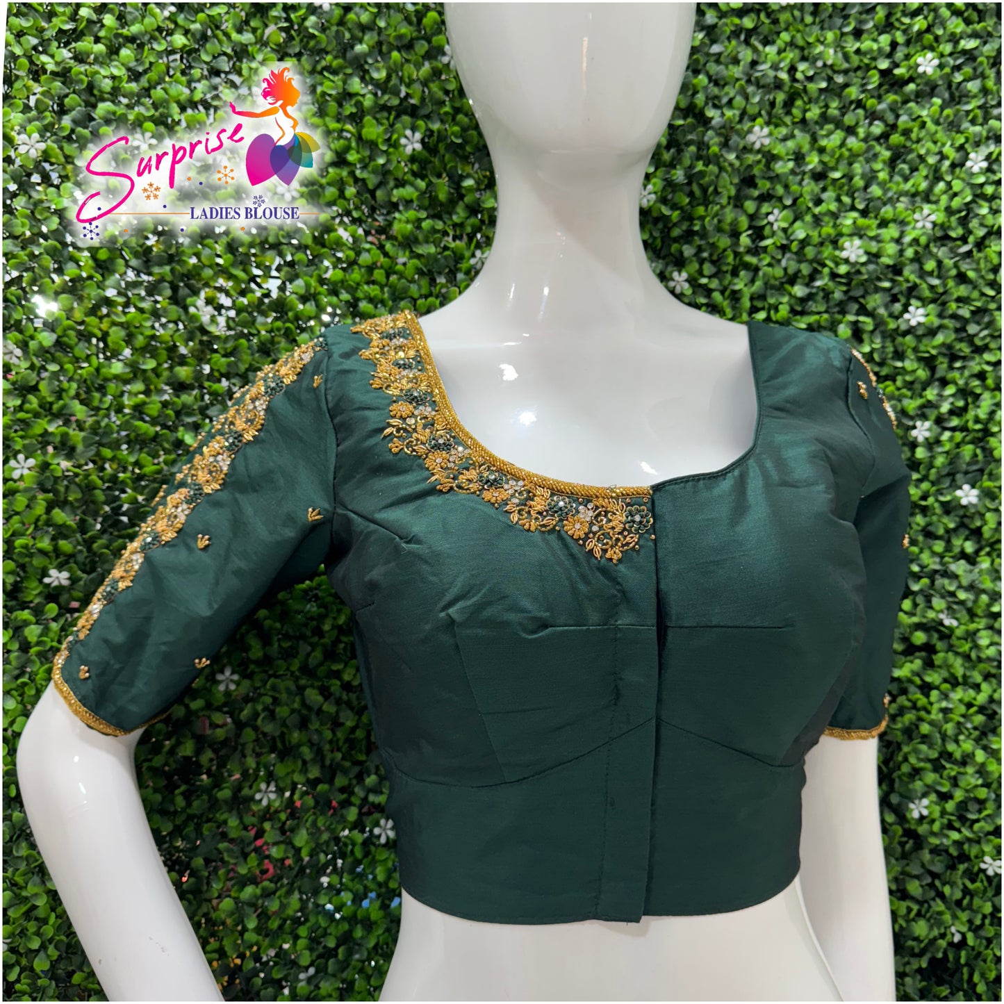 Designer handwork Ari work blouse Green color