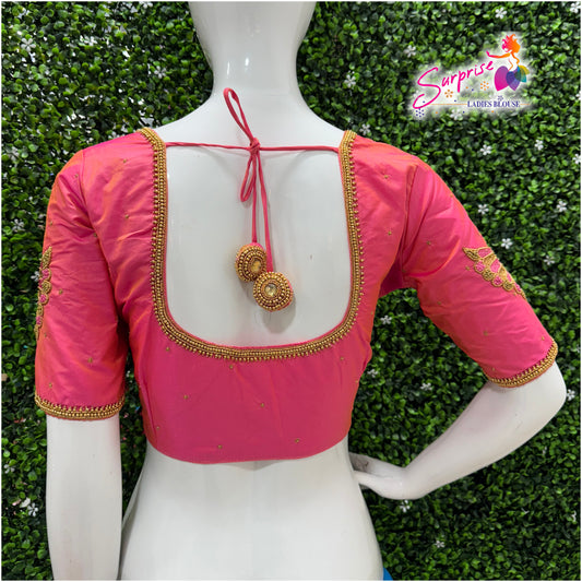 Designer handwork Ari work blouse Pink color