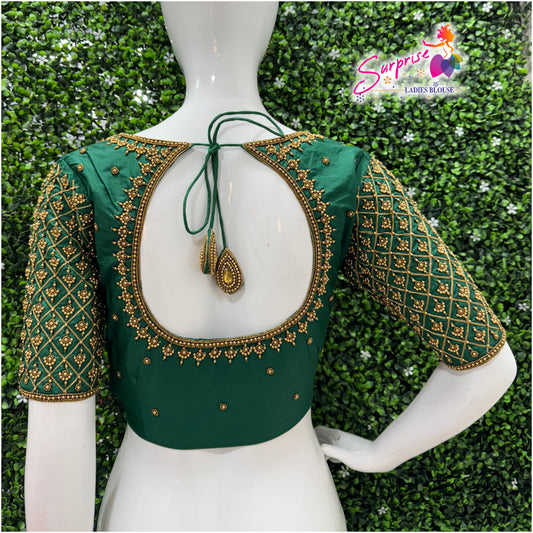 Designer handwork Ari work blouse Green color