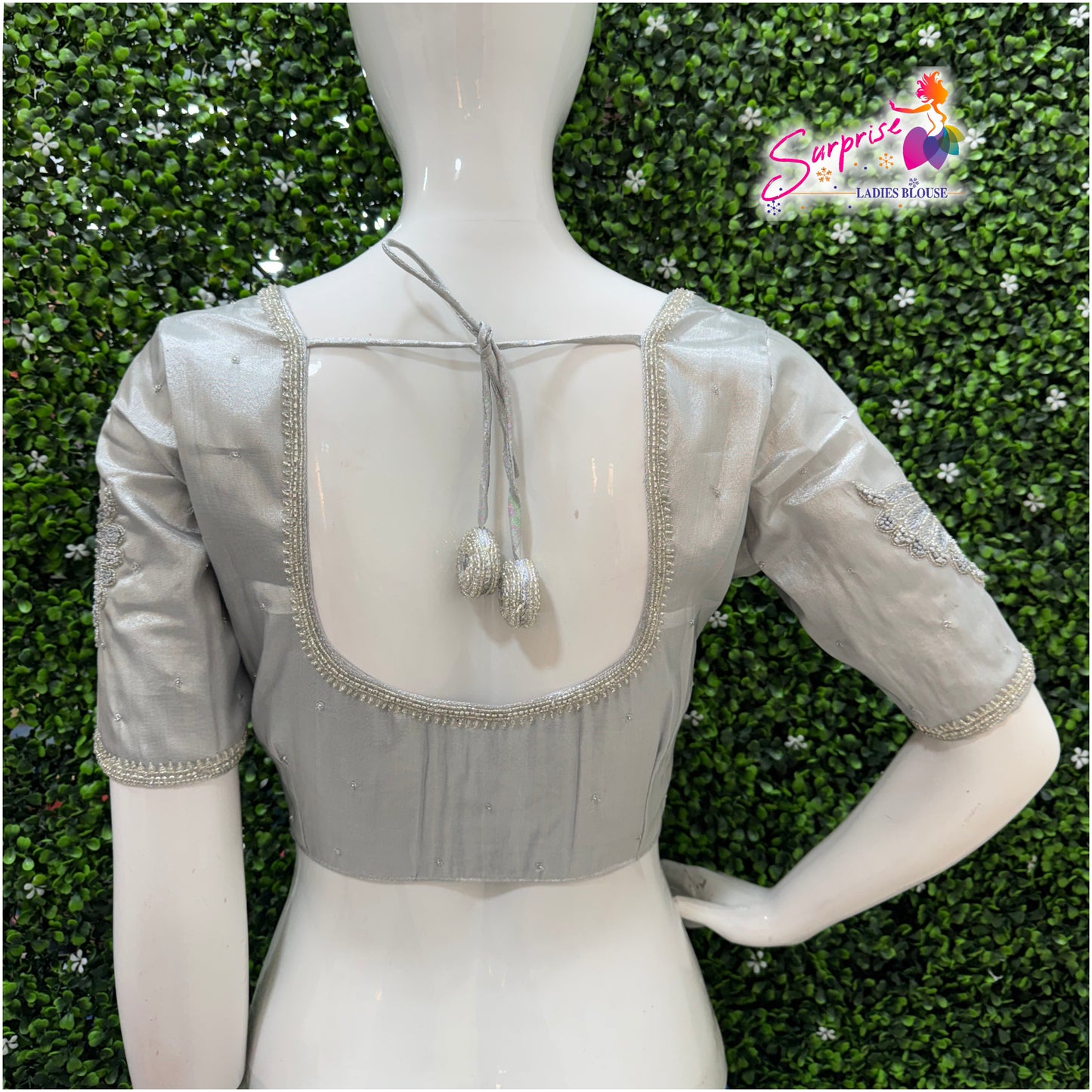 Designer handwork Ari work blouse silver color