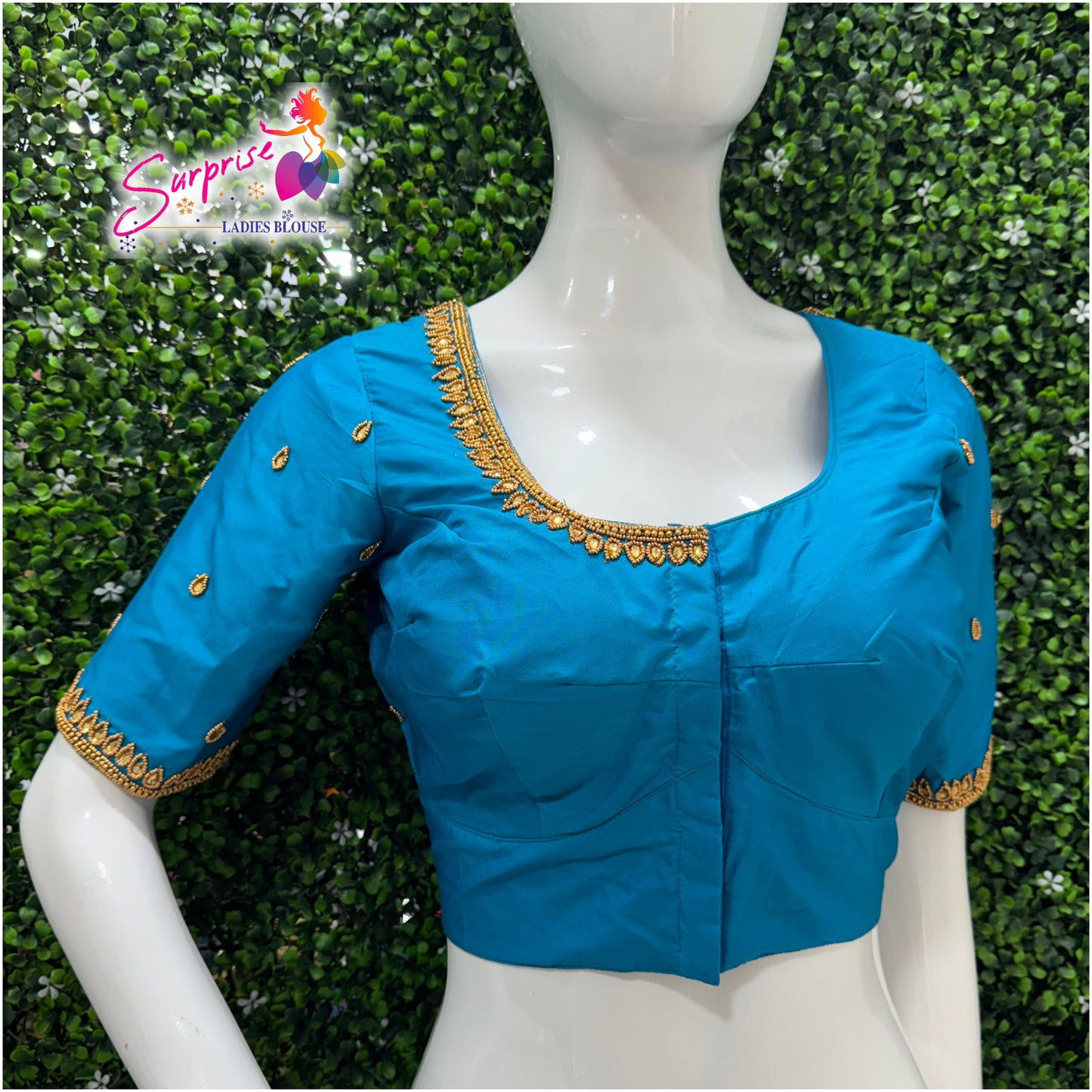 Designer handwork Ari work blouse blue color