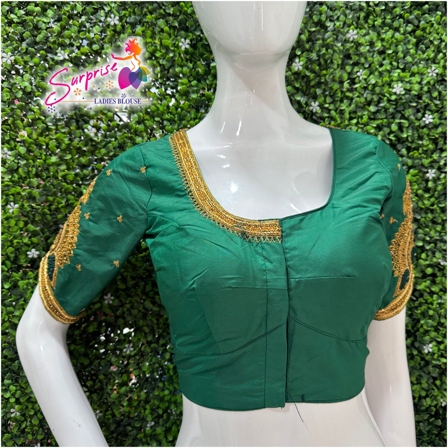 Designer handwork Ari work blouse Green color