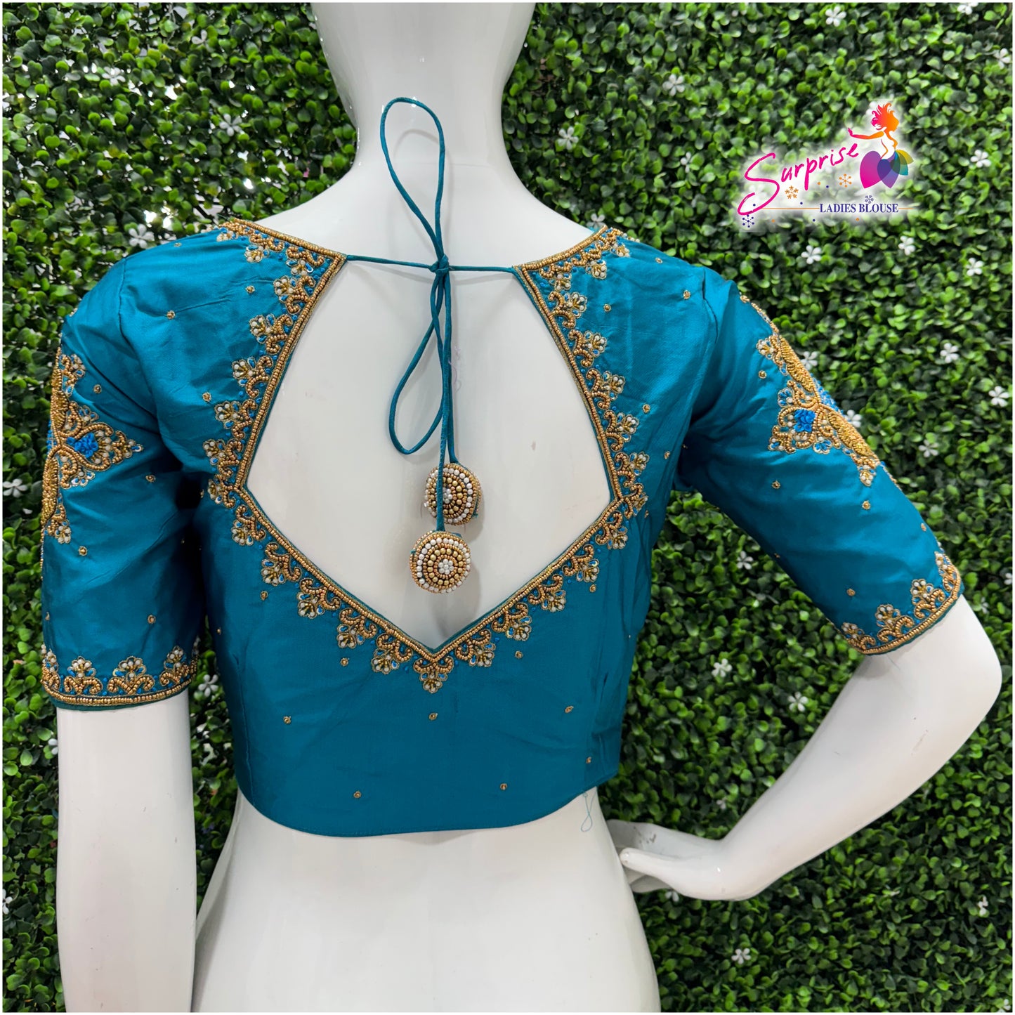 Designer handwork Ari work blouse Blue color