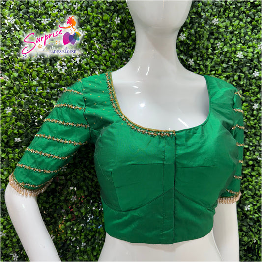 Designer handwork Ari work blouse Green color