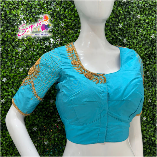 Designer handwork Ari work blouse Blue color