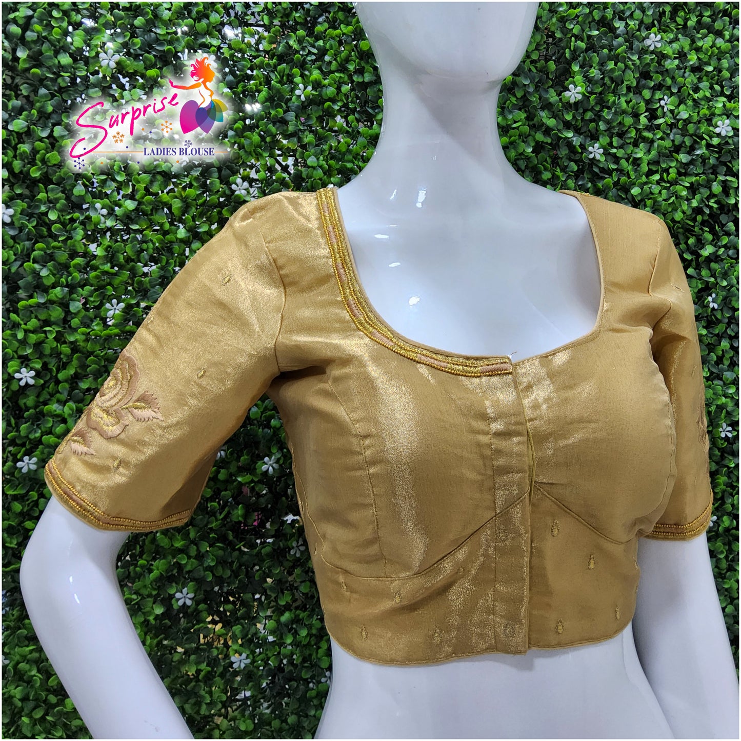 Machine work readymade blouse gold color