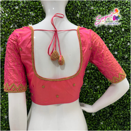 Designer handwork Ari work blouse Pink color