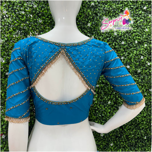 Designer handwork Ari work blouse Blue color