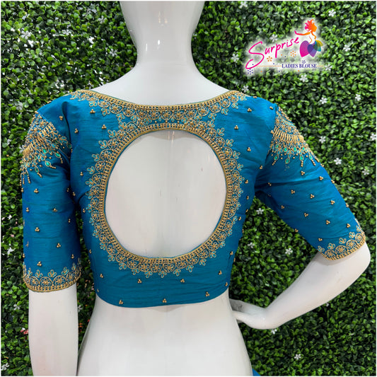 Designer handwork Ari work blouse Blue color