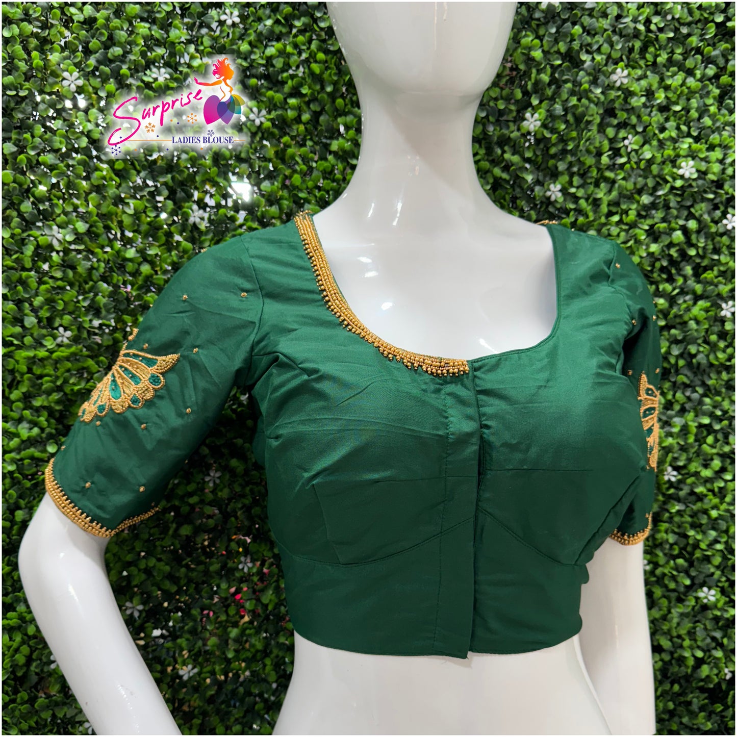 Designer handwork Ari work blouse Green color