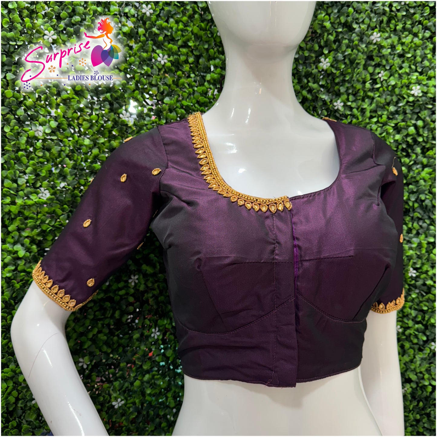 Designer handwork Ari work blouse purple color