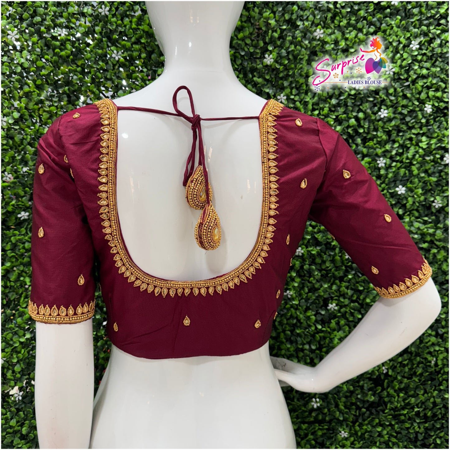 Designer handwork Ari work blouse maroon color