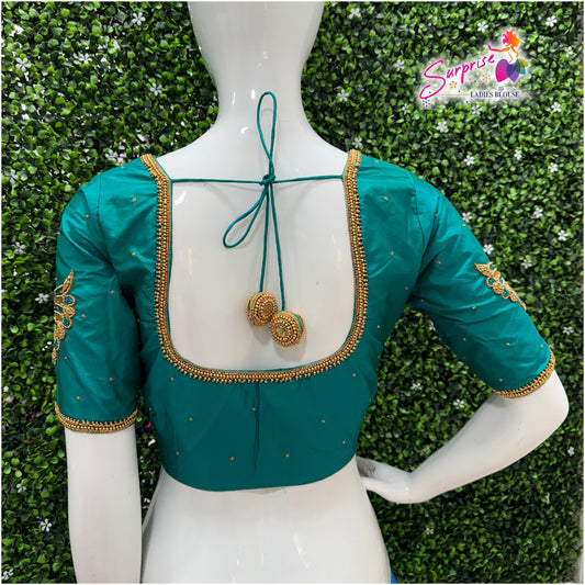 Designer handwork Ari work blouse Green color