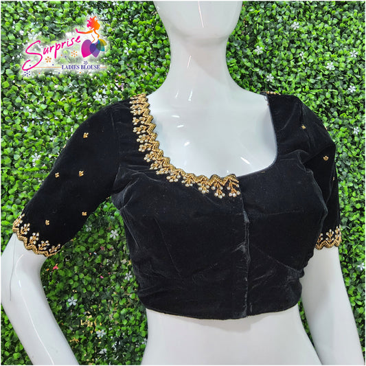 Velvet handwork designer Readymade blouse black color