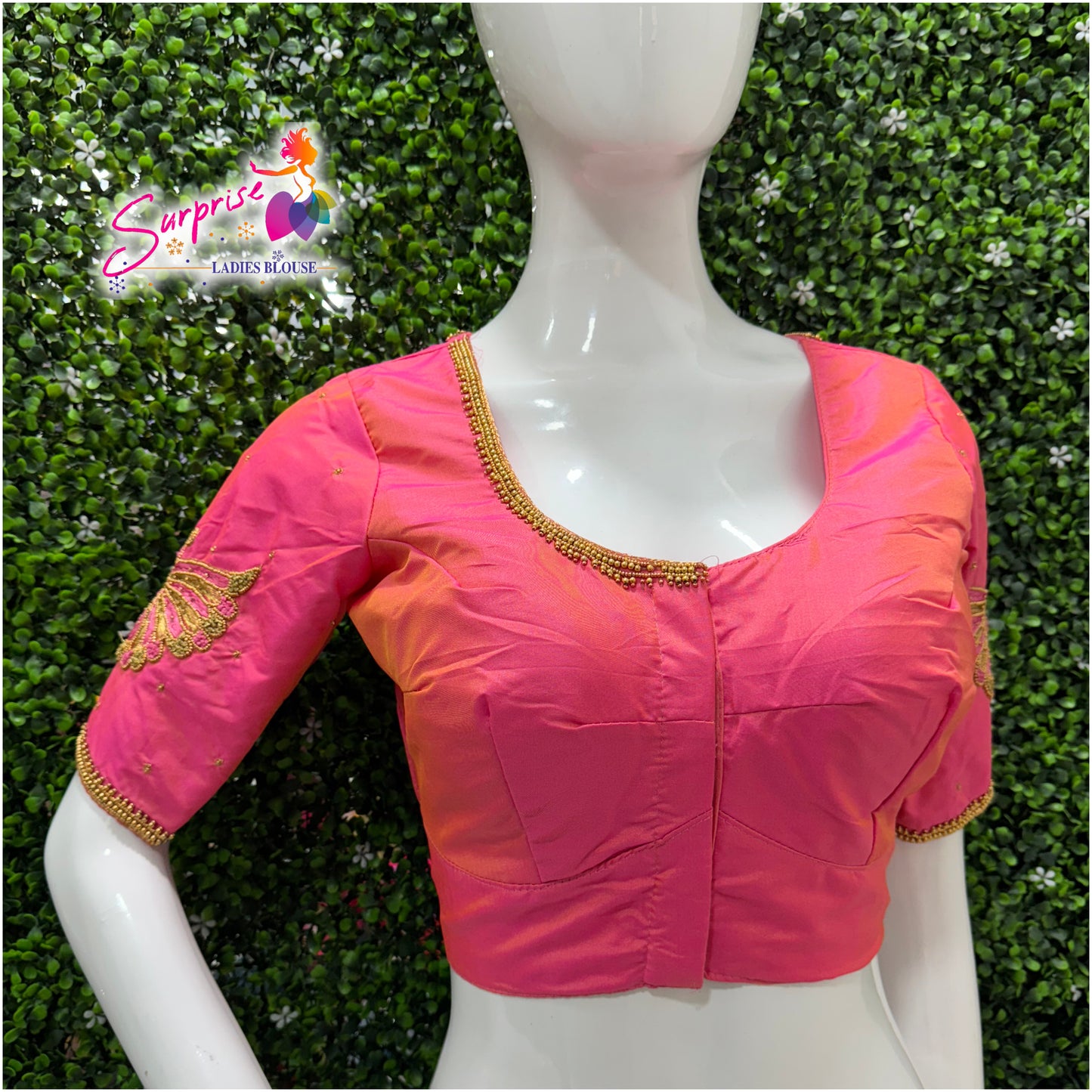 Designer handwork Ari work blouse Pink color