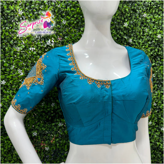 Designer handwork Ari work blouse Blue color