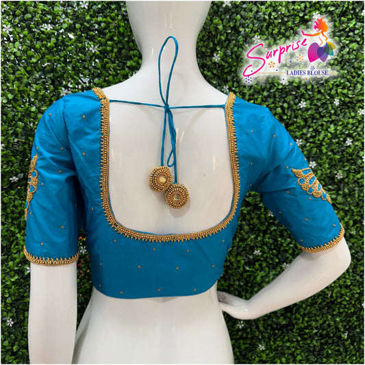 Designer handwork Ari work blouse Blue color