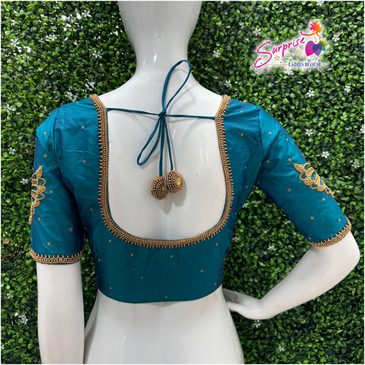 Designer handwork Ari work blouse Blue color