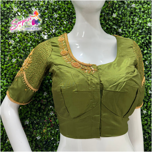 Designer handwork Ari work blouse Green color