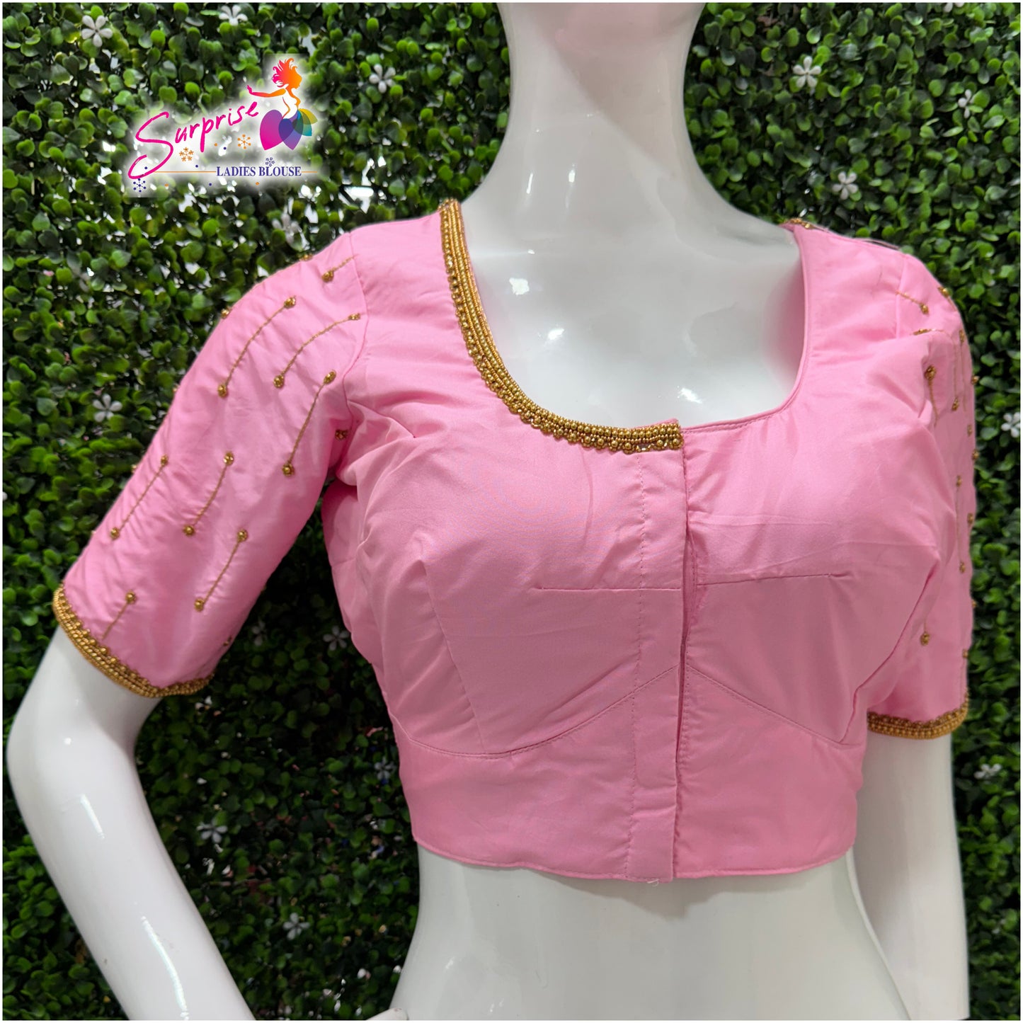 Designer handwork Ari work blouse baby pink color