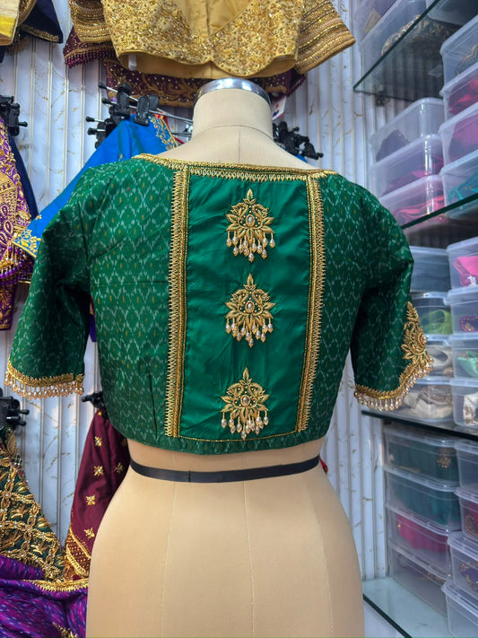 HANDWORK READY MADE POCHAMPALLY BLOUSE (GREEN)
