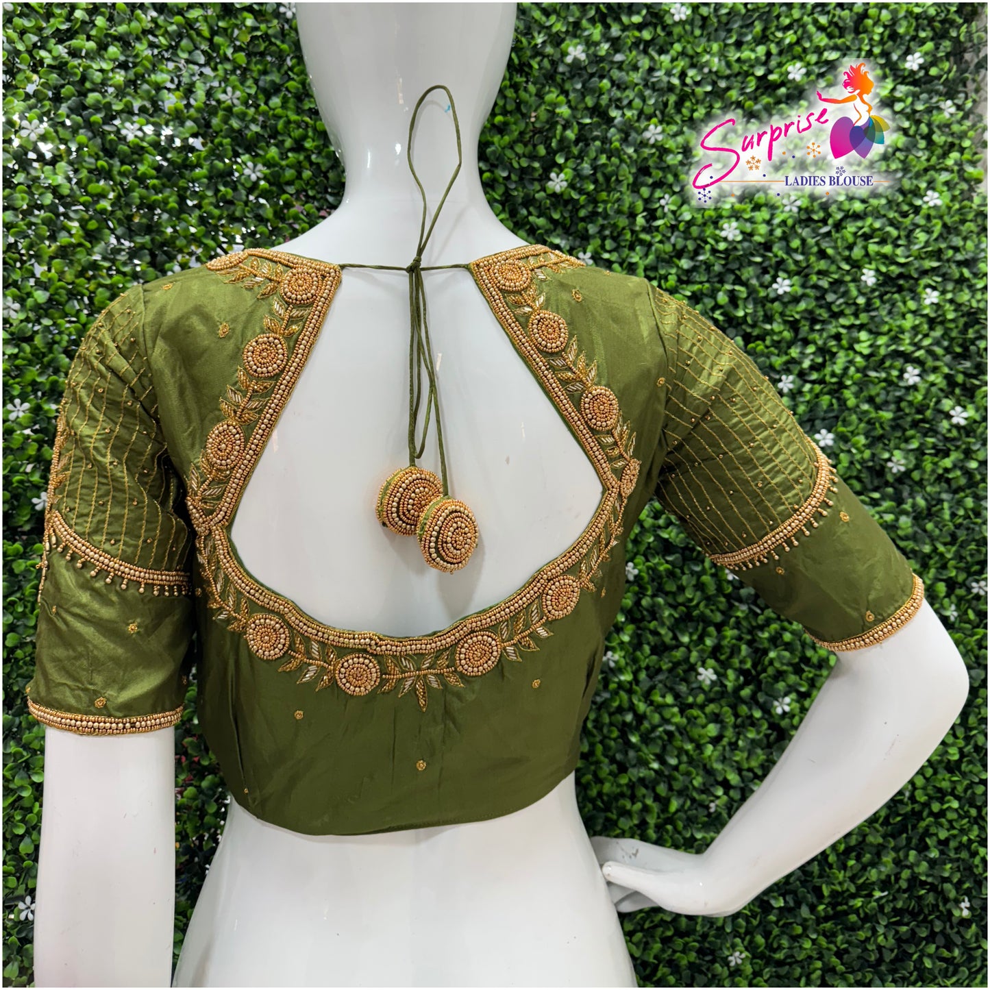 Designer handwork Ari work blouse Green color