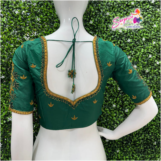 Designer handwork Ari work blouse Green color