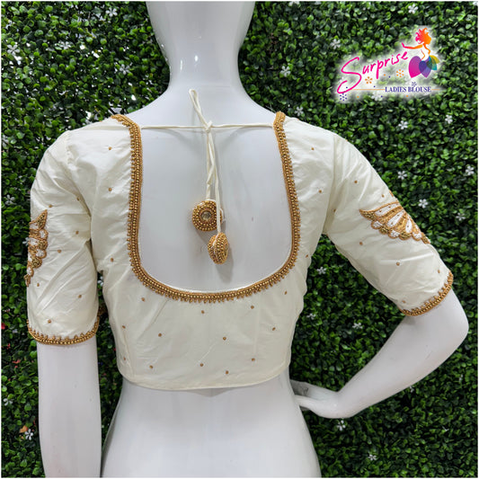 Designer handwork Ari work blouse cream / off white color