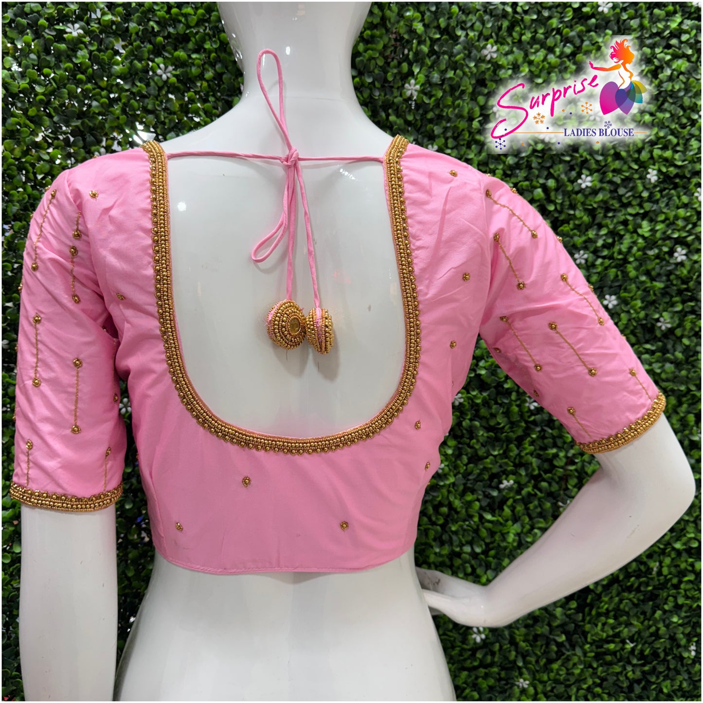 Designer handwork Ari work blouse baby pink color