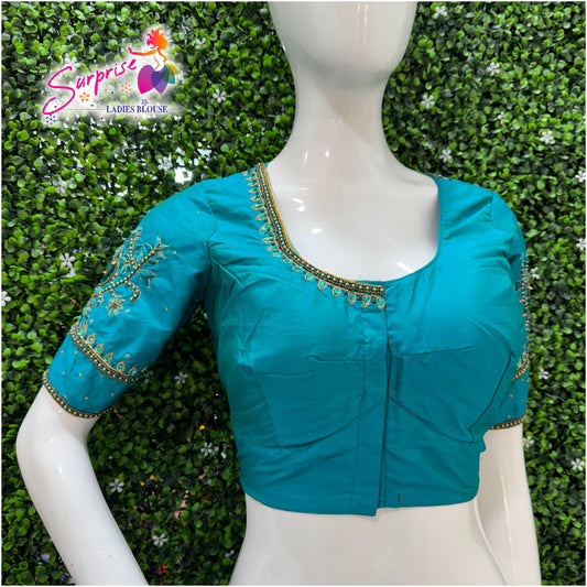 Designer handwork Ari work blouse Blue color