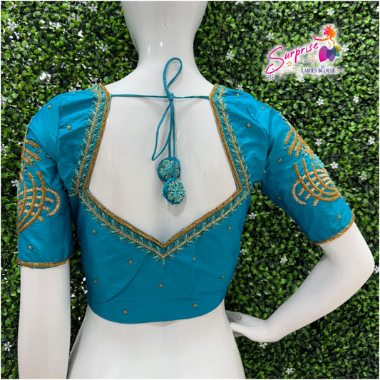 Designer handwork Ari work blouse Blue color