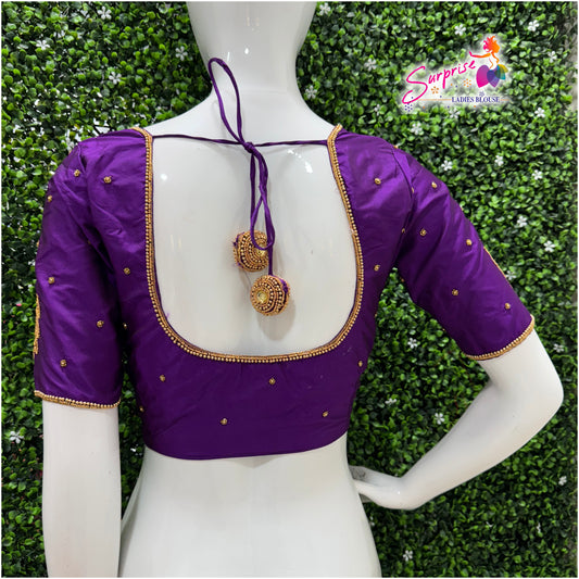 Designer handwork Ari work blouse purple color